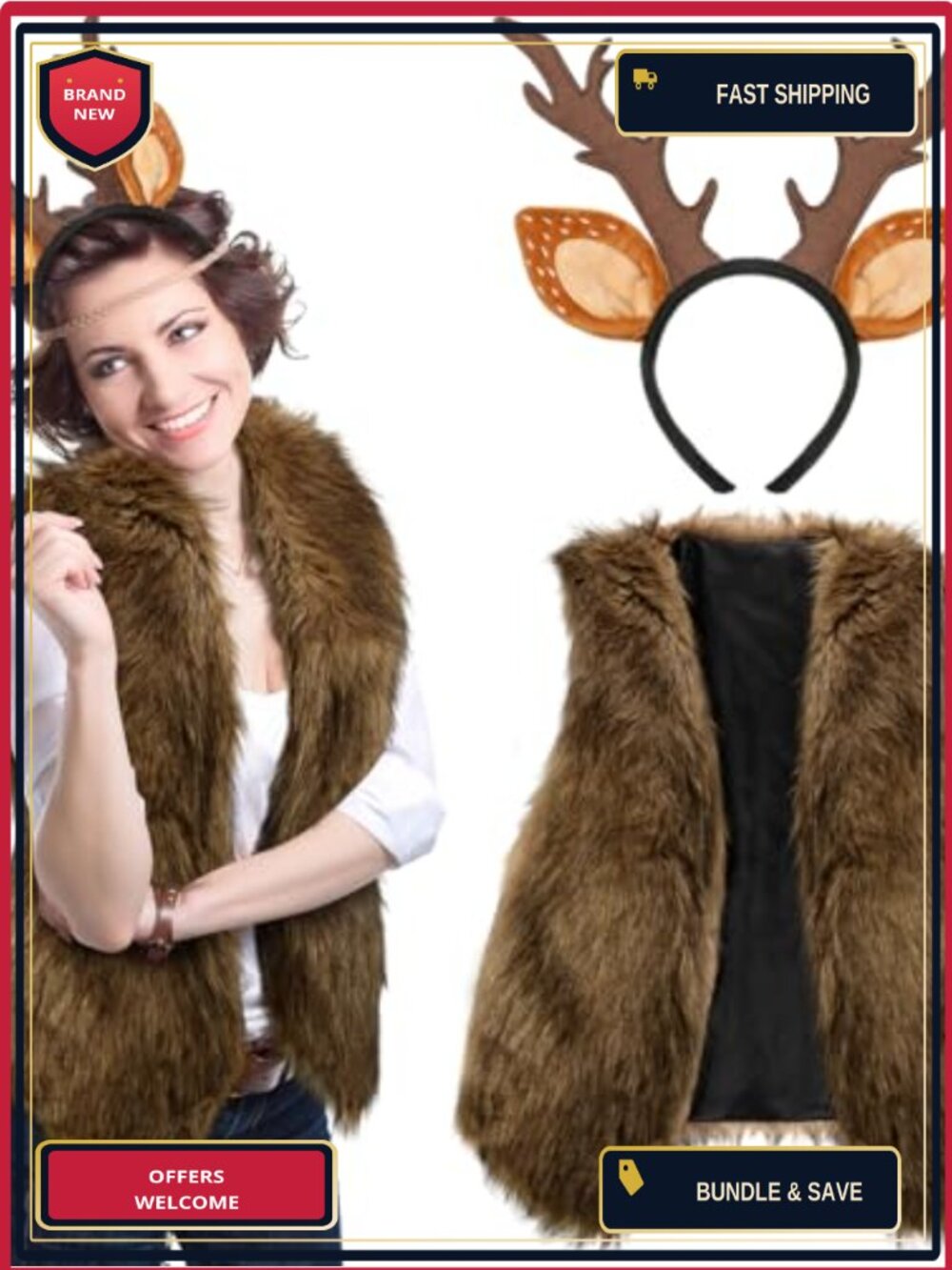 Faux Fur Deer Costume Set Antler Headband Vest Tail Cosplay Halloween